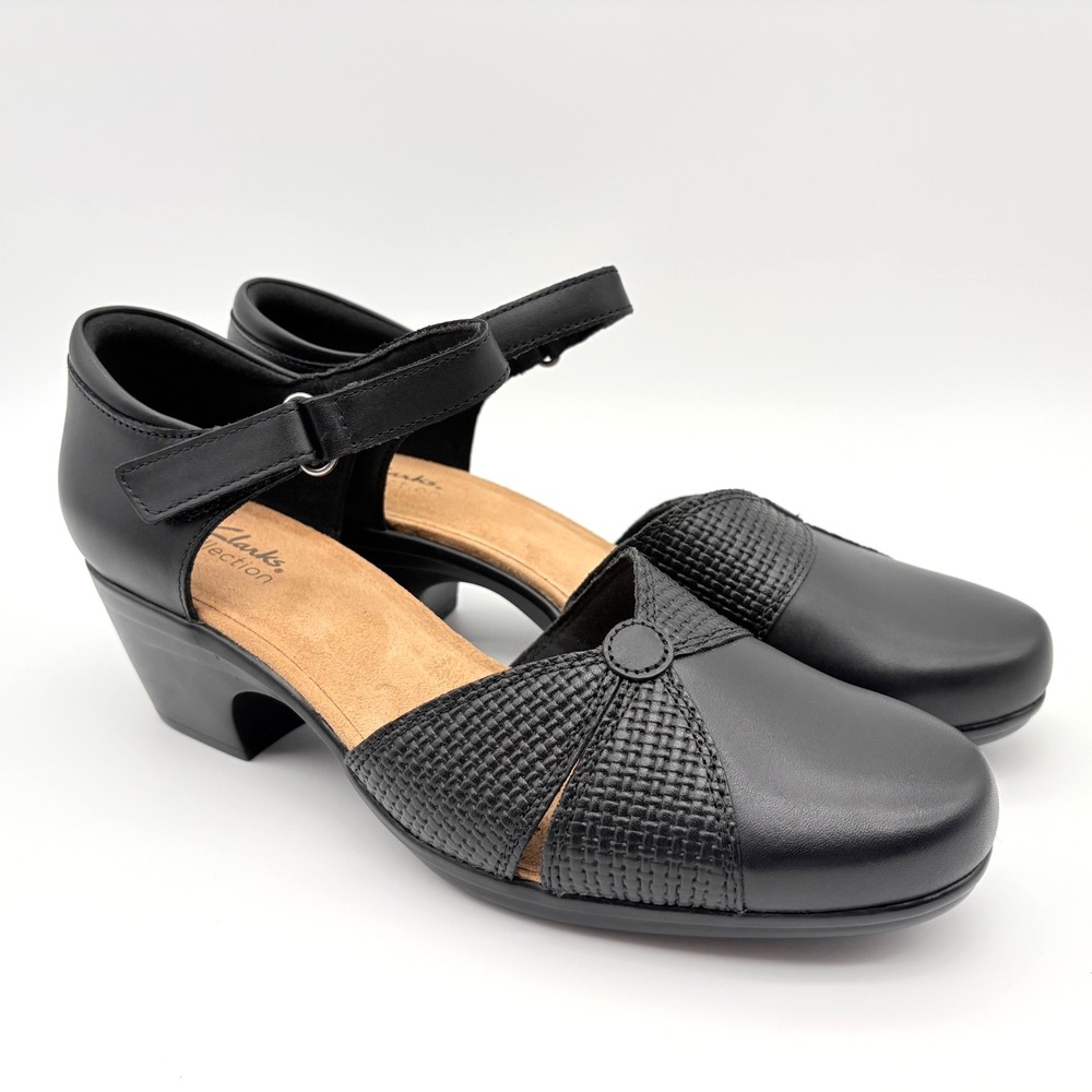 Clarks Emily Rae Pumps Womens Size 11W Wide Width Black Leather Heels NEW